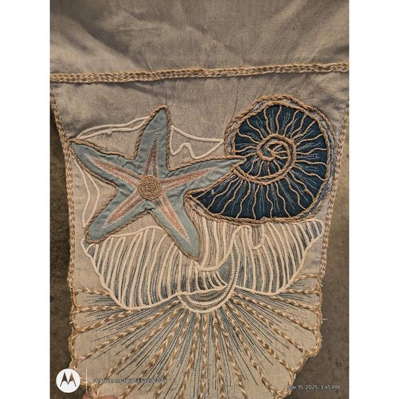 Pier One Table Runner 74” Coastal Embroidered Sea Shell Star Fish Neutral READ - Picture 2 of 12